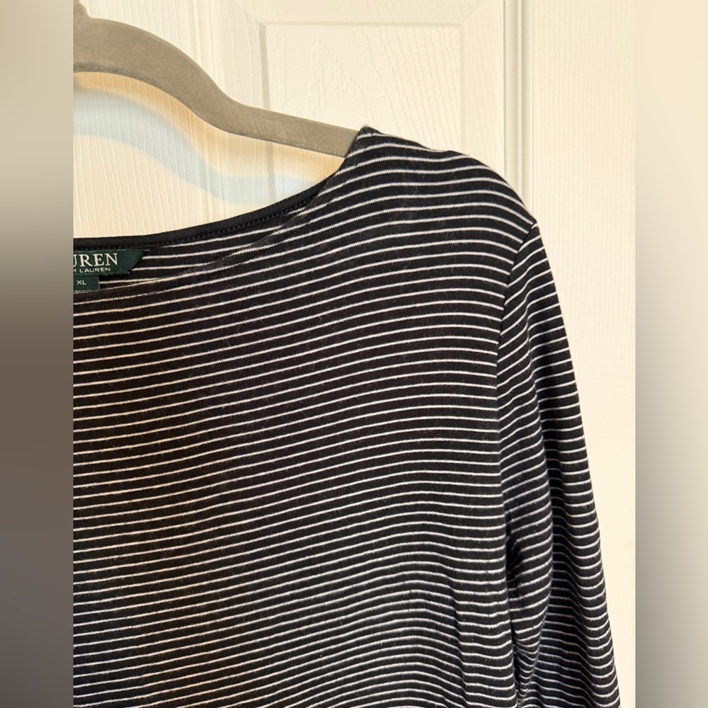 Lauren Ralph Lauren Navy White Striped Bell Sleeve Top Size XL Preppy Classic - Picture 5 of 6
